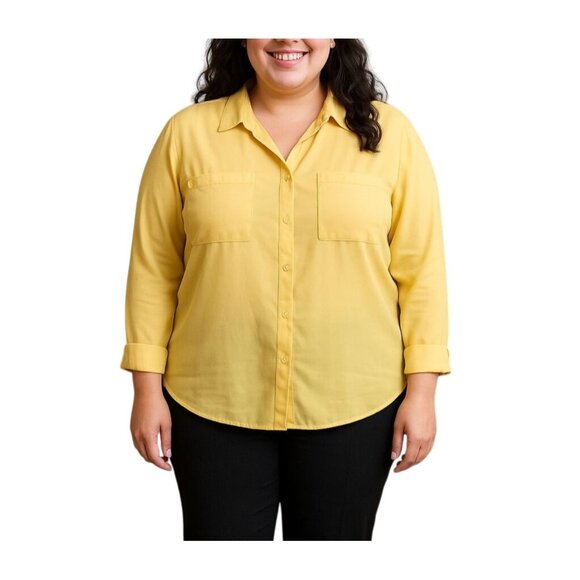 NY Collection Collared Button-Up Chest Pockets Roll-Tab Sleeves Top Size XL - Picture 1 of 8